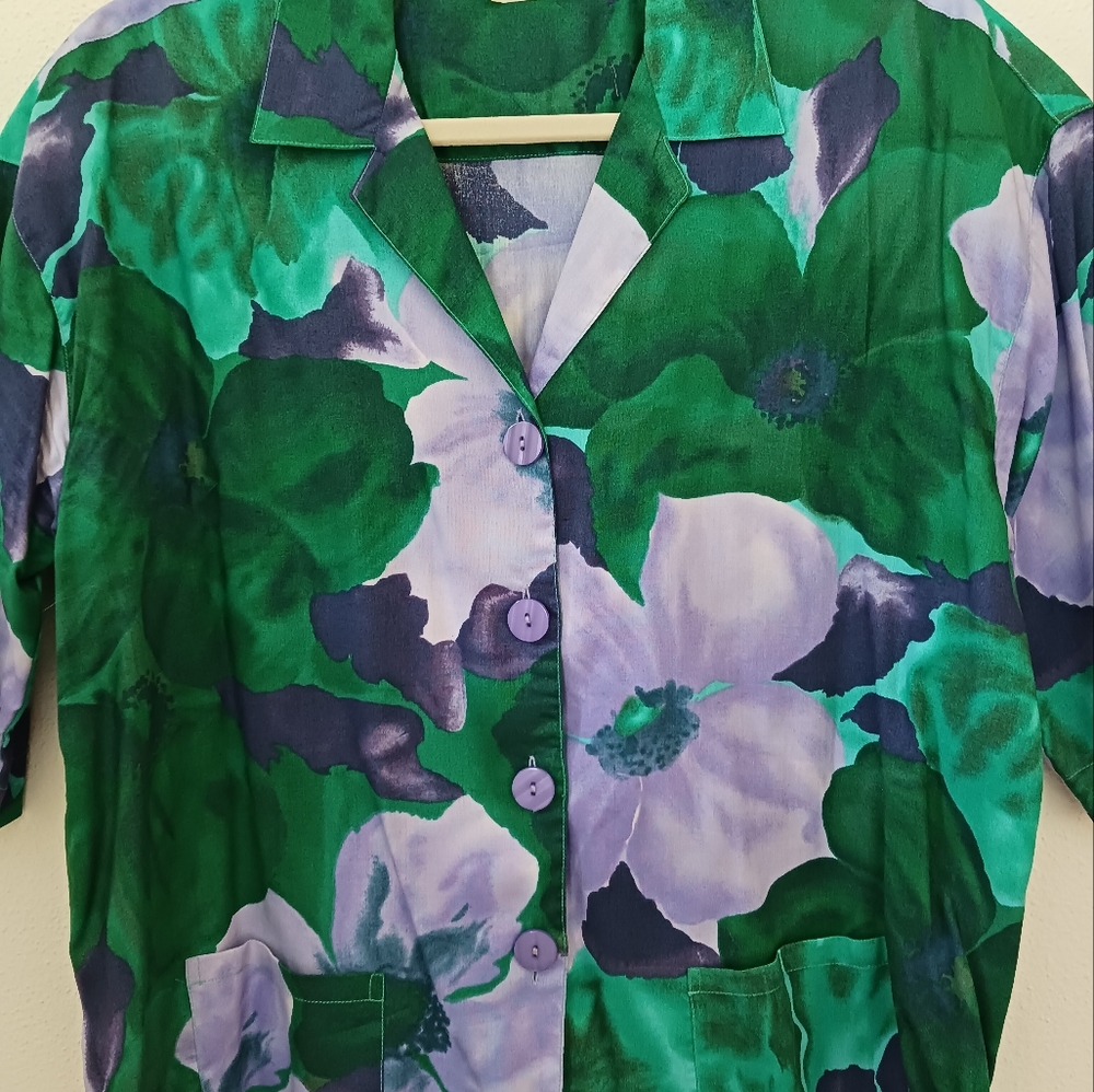 Vtg United Colors of Benetton 42" Green & Lavender Boxy Loose Shirt Rayon Blouse